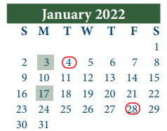 District School Academic Calendar for Cunningham Middle for January 2022