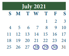 District School Academic Calendar for North Shore Middle for July 2021