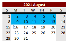 District School Academic Calendar for Ganado Elementary for August 2021
