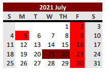 District School Academic Calendar for Ganado Elementary for July 2021