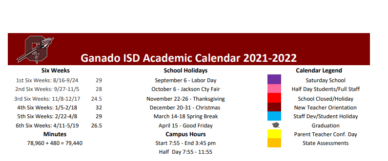 District School Academic Calendar Key for Ganado High School
