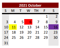 District School Academic Calendar for Ganado High School for October 2021