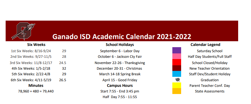 District School Academic Calendar for Ganado High School