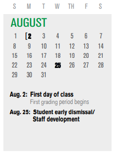 District School Academic Calendar for P I P for August 2021