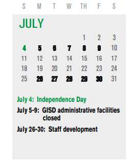 District School Academic Calendar for Jackson Technology Center for July 2021