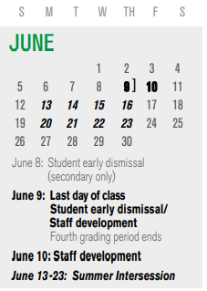 District School Academic Calendar for Handley Elementary for June 2022