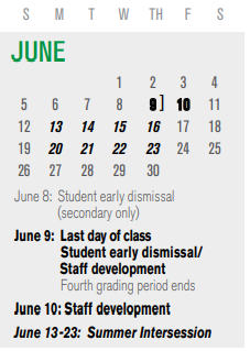 District School Academic Calendar for P I P for June 2022