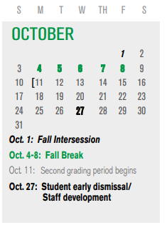 District School Academic Calendar for P I P for October 2021