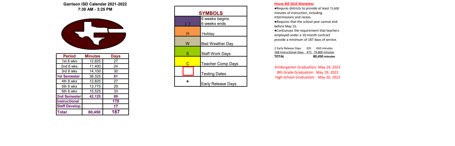 District School Academic Calendar Key for Garrison Elementary