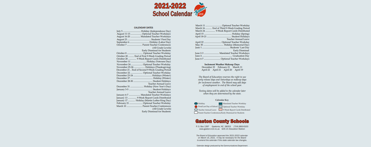 District School Academic Calendar Key for William C Friday Middle