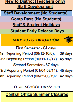 District School Academic Calendar Legend for Gatesville Elementary