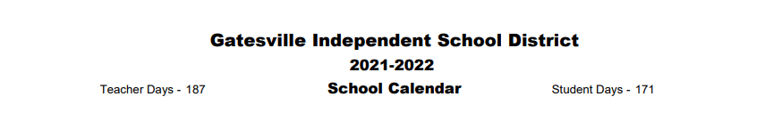 District School Academic Calendar for Gatesville Pri