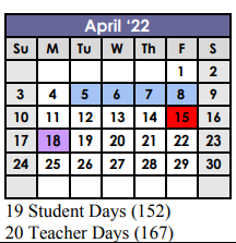 District School Academic Calendar for Purl Elementary School for April 2022