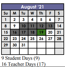 District School Academic Calendar for Georgetown Alter Prog for August 2021