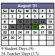 District School Academic Calendar for Purl Elementary School for August 2021