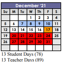 District School Academic Calendar for Georgetown Alter Prog for December 2021