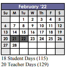 District School Academic Calendar for Georgetown Alter Prog for February 2022