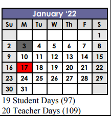District School Academic Calendar for James Tippit Middle for January 2022