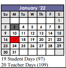 District School Academic Calendar for Pickett Elementary School for January 2022