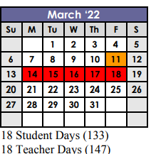 District School Academic Calendar for Williamson Co J J A E P for March 2022