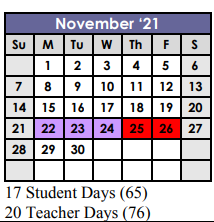 District School Academic Calendar for Georgetown 9th Grade for November 2021
