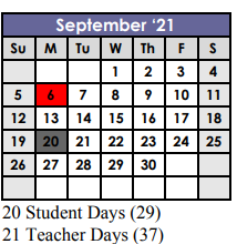 District School Academic Calendar for Georgetown 9th Grade for September 2021