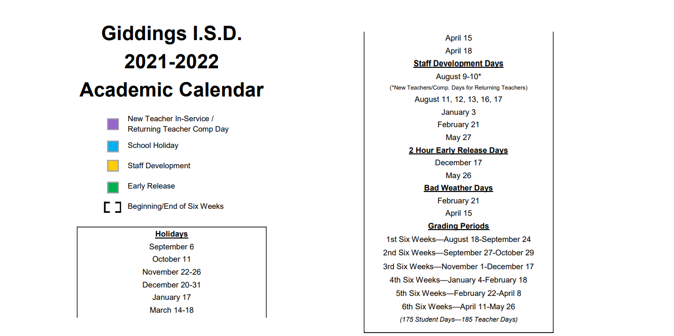 District School Academic Calendar Key for Giddings High School