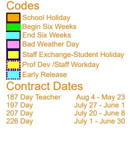 District School Academic Calendar Legend for Bruce Junior High