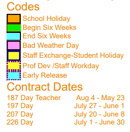 District School Academic Calendar Legend for Gilmer Elementary