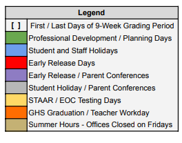 District School Academic Calendar Legend for Weldon Intermediate