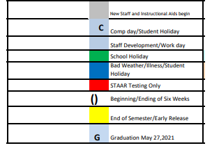 District School Academic Calendar Legend for Glen Rose Intermediate