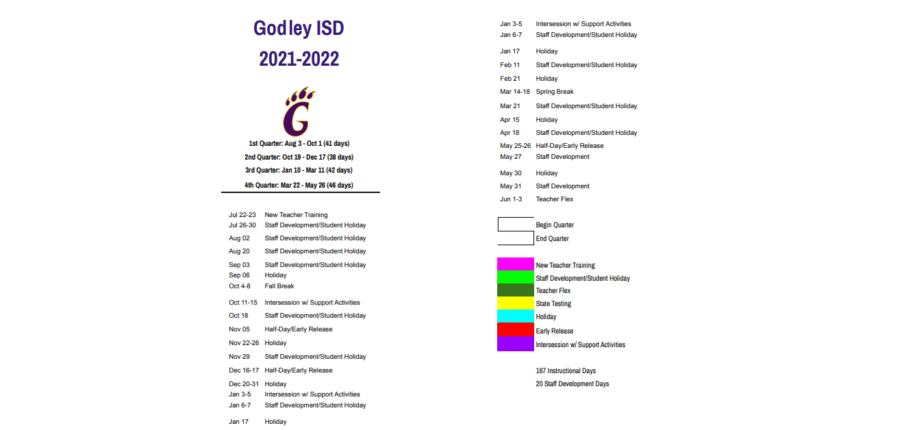 District School Academic Calendar Key for Godley High School