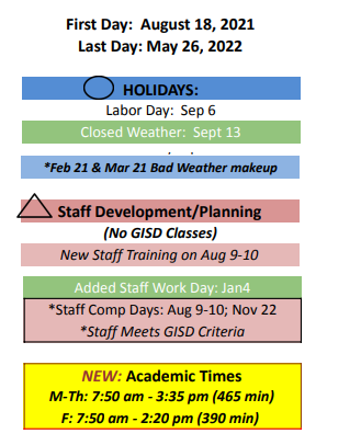 District School Academic Calendar Legend for Goliad Middle