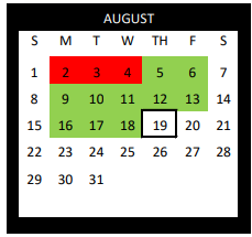 District School Academic Calendar for Gonzales J H for August 2021