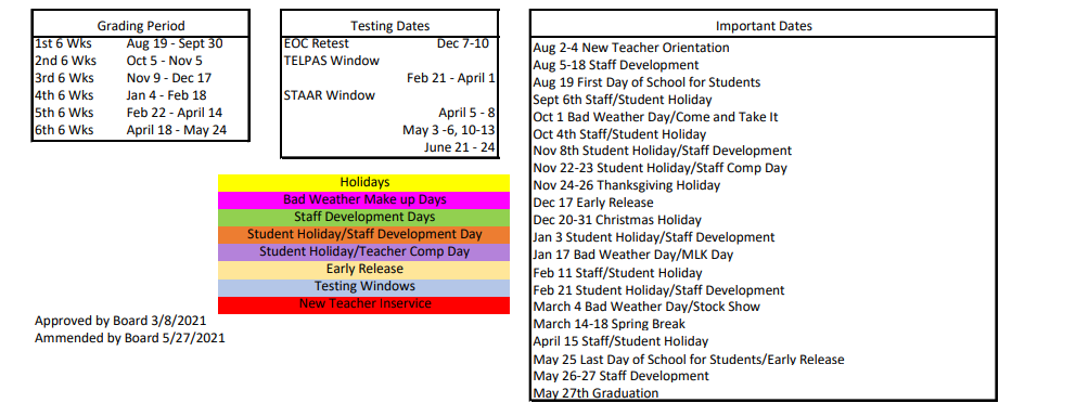District School Academic Calendar Key for Gonzales Elementary