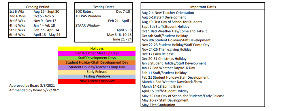 District School Academic Calendar Key for Gonzales Alter