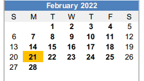 District School Academic Calendar for Graham H S for February 2022