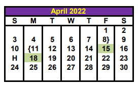 District School Academic Calendar for Behavior Transition Ctr for April 2022