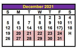 District School Academic Calendar for S T A R S Academy for December 2021