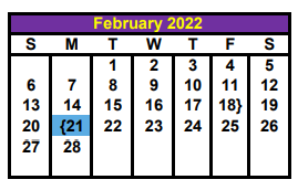 District School Academic Calendar for Behavior Transition Ctr for February 2022