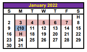 District School Academic Calendar for Behavior Transition Ctr for January 2022