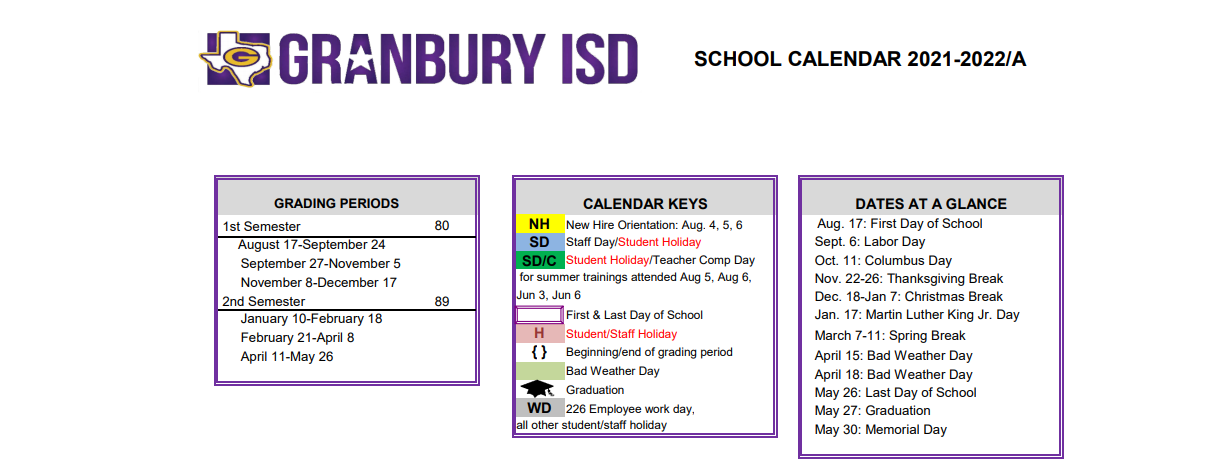 District School Academic Calendar Key for Granbury High School