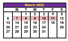 District School Academic Calendar for Behavior Transition Ctr for March 2022