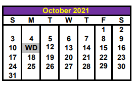 District School Academic Calendar for Behavior Transition Ctr for October 2021