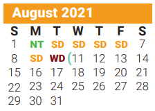 District School Academic Calendar for Sam Houston Elementary for August 2021