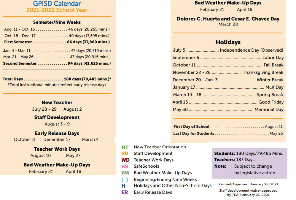 District School Academic Calendar Key for Grand Prairie High School