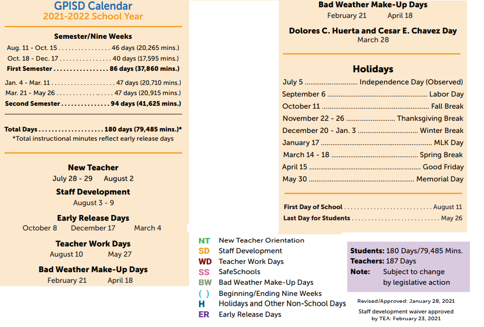Grand Prairie High School School District Instructional Calendar 