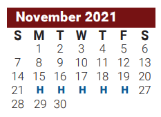 District School Academic Calendar for P A S S Learning Ctr for November 2021
