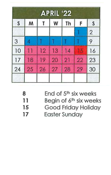 District School Academic Calendar for Grand Saline Elementary School for April 2022