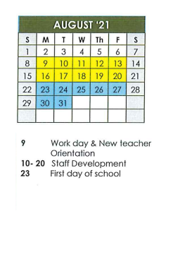 District School Academic Calendar for Van Zandt/rain Sp Ed Co-op for August 2021